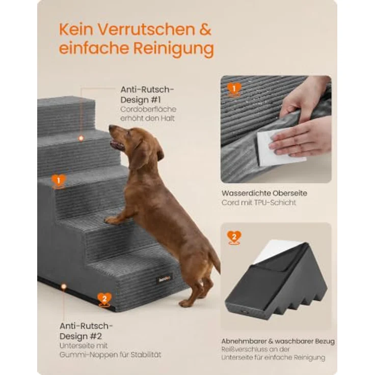 Feandrea Hundetreppe Baddi Kollektion PPS025GN01, 5-stufige Katzentreppe aus Schaumstoff, 76 x 40 x 57 cm, bleigrau, waschbar und rutschfest für kleine Hunde – Bild 5