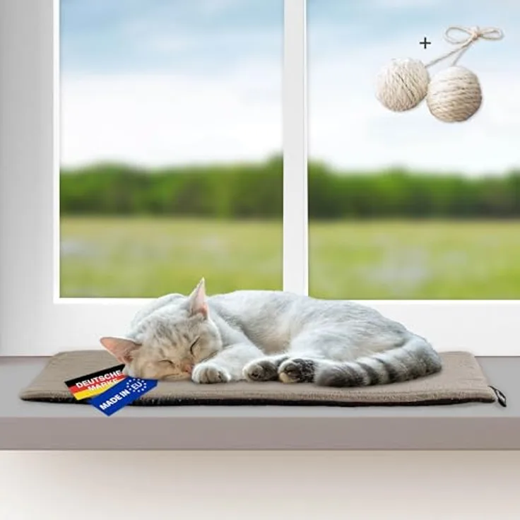 Rohrschneider Katzen Fensterliege, selbstwärmende Katzendecke aus Cordstoff, waschbar, rutschfeste Unterlage, Größe 1 (60 x 29 cm), Taupe, Made in EU
