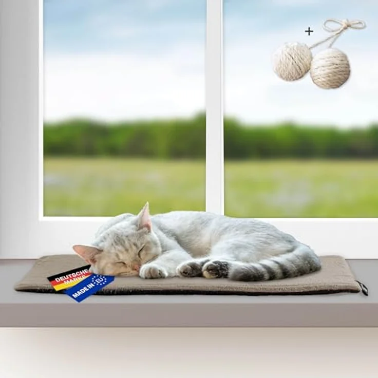 Rohrschneider Katzen Fensterliege, selbstwärmende Katzendecke aus Cordstoff, waschbar, rutschfeste Unterlage, Größe 1 (60 x 29 cm), Taupe, Made in EU – Bild 1