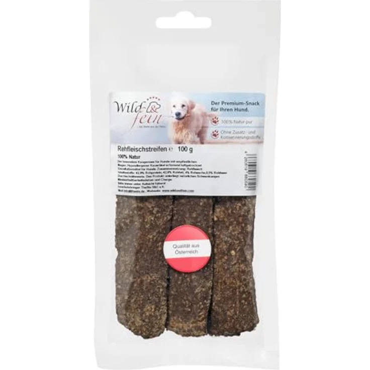 Wild & Fein Rehfleischstreifen 100 g - Hypoallergener, luftgetrockneter Kauartikel für Hunde mit empfindlichem Magen – Bild 1