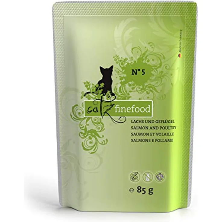catz finefood N° 5 Lachs & Geflügel Feinkost Katzenfutter nass, 36% Lachs, 35% Geflügel, mit Spinat & Tomate, 8 x 85g Beutel