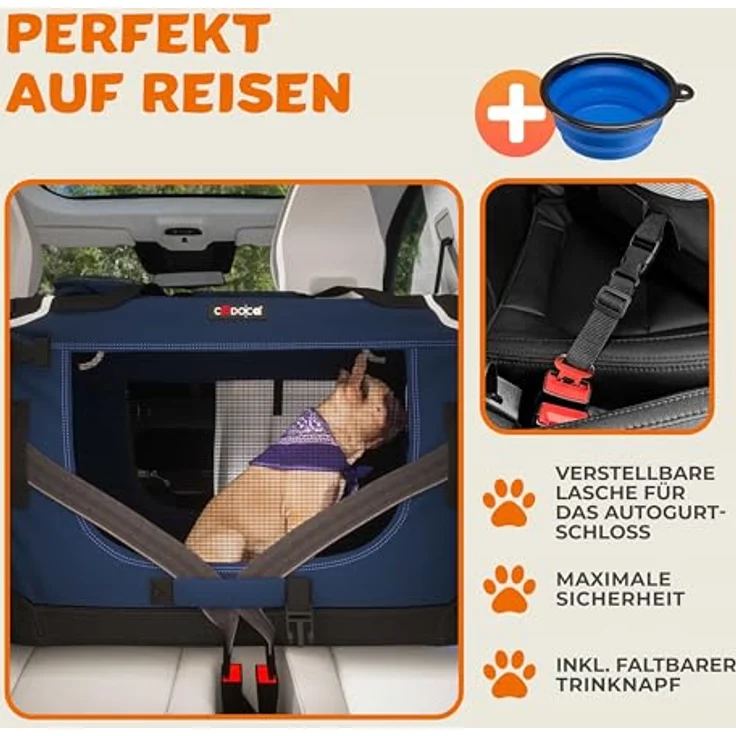CADOCA® faltbare Hundebox Transportbox L 70x52x50cm, robust und atmungsaktiv, für Auto-Rückbank, Navyblau – Bild 4