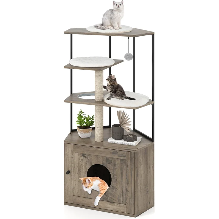Northix Katzenbaum mit Katzentoiletten-Unterschrank, Kratzstämmen und Kissen, braun, 78 x 50 x 138 cm