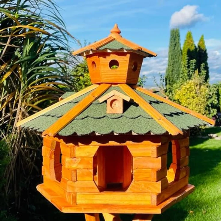 DARLUX handgefertigtes Sechseck Vogelhaus aus Holz, wetterfest, Größe XXL ohne Ständer, Grün - Braun, Futterhaus mit Bitumschindeldach – Bild 2