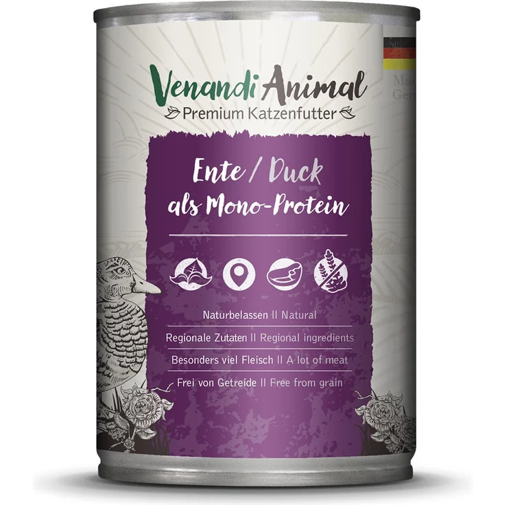 Venandi Animal Ente Monoprotein, Katzen-Nassfutter mit hohem Fleischanteil, 6x400g