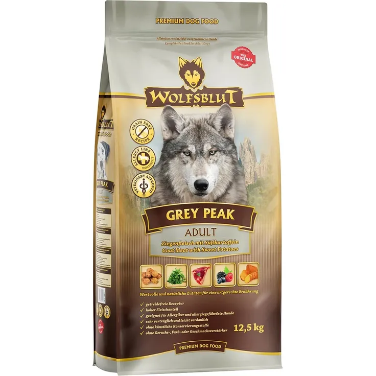 Wolfsblut Grey Peak Adult, Hunde-Trockenfutter mit hochwertigem Ziegenfleisch, 12,5 kg, ohne Konservierungsmittel