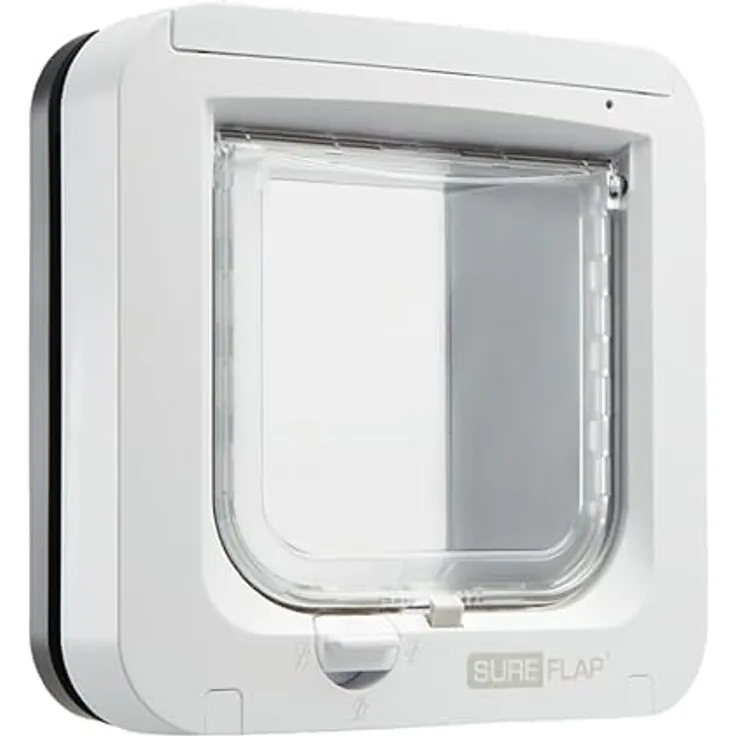 Sure Petcare SureFlap Mikrochip-Katzenklappe, batteriebetrieben, RFID-kompatibel, EIN-Knopf-Steuerung, zur Montage in Türen, Glasscheiben und Wänden, grau/weiß