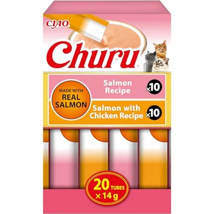 INABA Churu Salmon Katzenleckerlis, Cremiges Püree aus Lachs & Huhn, Ohne Getreide & Zucker, Variety Pack 20 × 14 g, Hoher Feuchtigkeitsgehalt – Bild 1