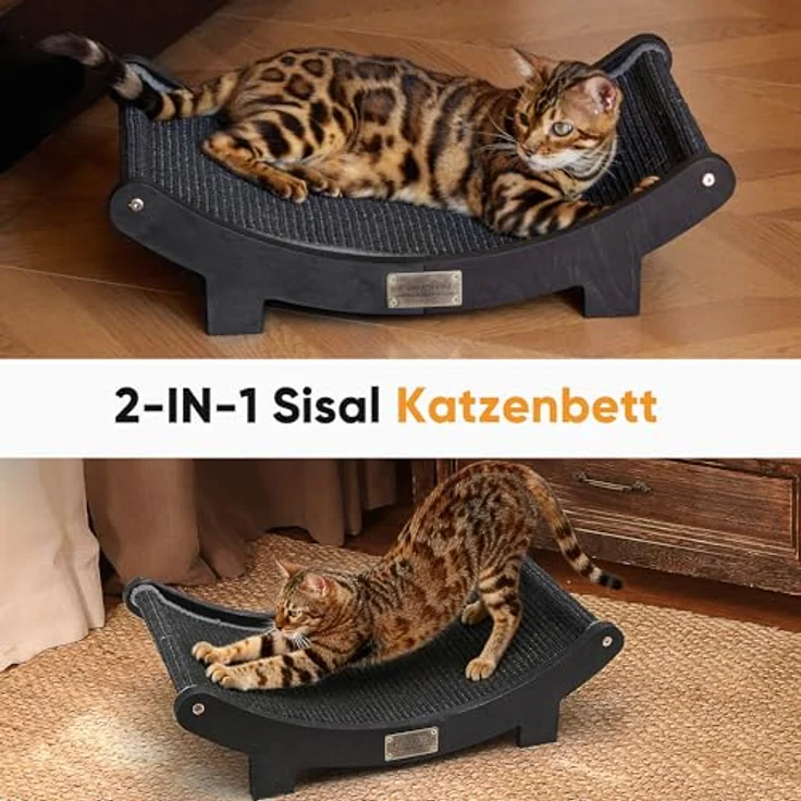 FUKUMARU 3-in-1 Sisal Kratzbrett Holz, 70 cm mit Massivholzgestell und ergonomischer Hängematte für Katzen, Schwarz – Bild 2