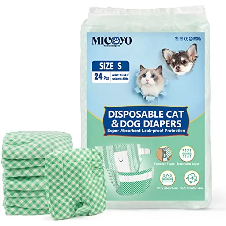 MICOOYO Einweg Katzenwindel, Super Saugfähige Haustierwindeln für kleine Katzen und Hunde, Auslaufsichere Windeln, Grün, S, 24 Stück