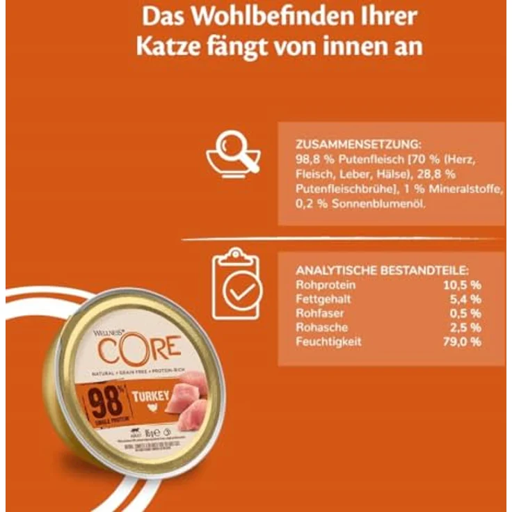 Wellness CORE 98% Truthahn, Nassfutter für Katzen, 12 x 85g, getreidefrei und hypoallergen – Bild 4