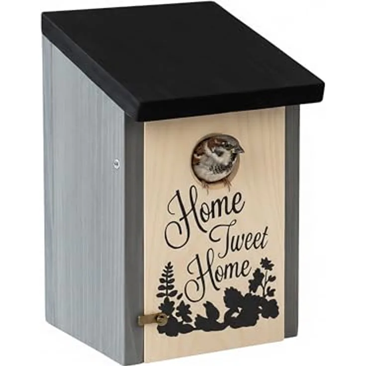Relaxdays Nistkasten für Meisen und Spatzen, 32mm Einflugloch, Holz mit Reinigungsklappe, Vogelhaus zum Aufhängen, grau/schwarz
