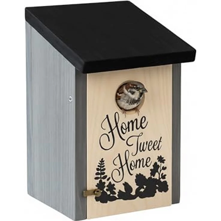 Relaxdays Nistkasten für Meisen und Spatzen, 32mm Einflugloch, Holz mit Reinigungsklappe, Vogelhaus zum Aufhängen, grau/schwarz – Bild 1