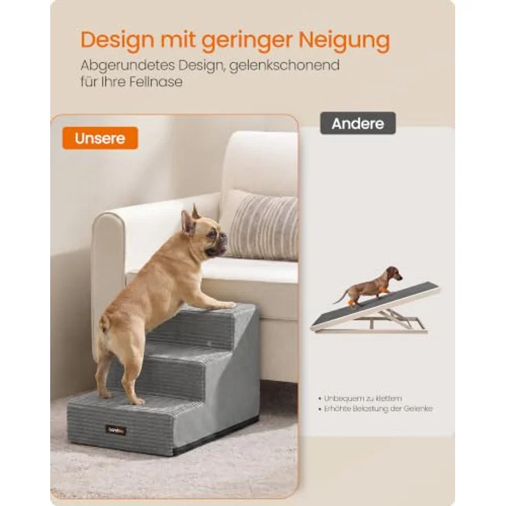 Feandrea Hundetreppe Baddi Kollektion PPS023GD01, 3-stufige Katzentreppe aus hochdichtem Schaumstoff, graue Waschbare Hunderampe für kleine Hunde, 46 x 40 x 33 cm, rutschfest und wasserdicht – Bild 3