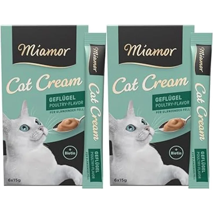 Miamor Cat Cream Geflügel, Katzensnack mit Biotin für schönes Fell, Doppelpack (2 Tafeln à 6x15g), kalorienarm, zuckerfrei, ohne Farb- und Konservierungsstoffe