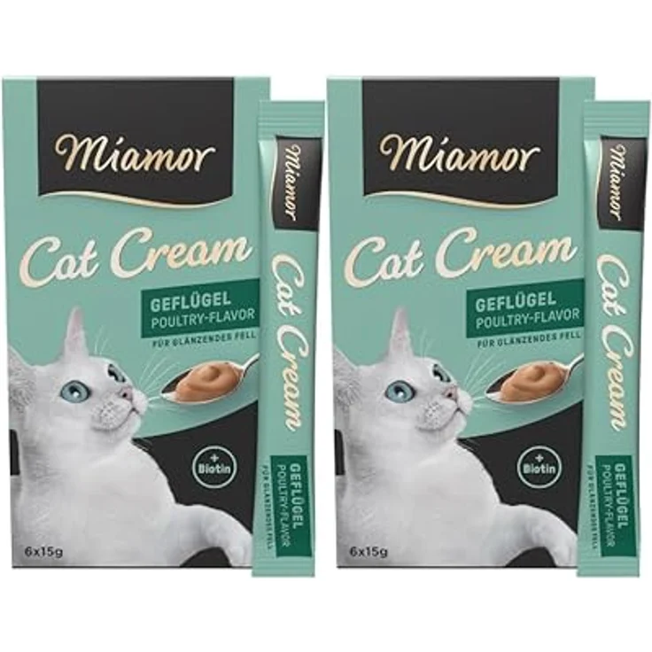 Miamor Cat Cream Geflügel, Katzensnack mit Biotin für schönes Fell, Doppelpack (2 Tafeln à 6x15g), kalorienarm, zuckerfrei, ohne Farb- und Konservierungsstoffe