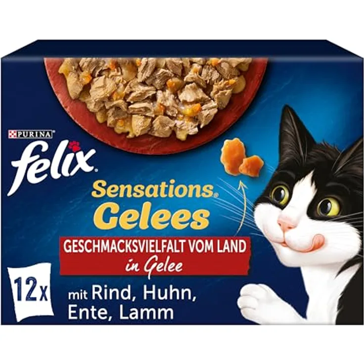 PURINA FELIX Sensations Gelees Geschmacksvielfalt vom Land, Katzen-Nassfutter mit Vitaminen D und E, 6 Portionsbeutel à 85g