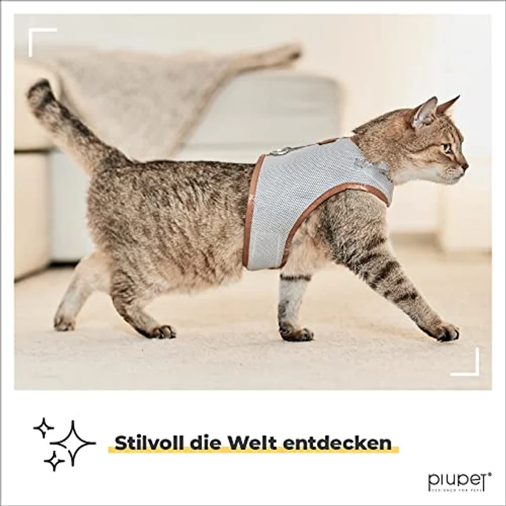 PiuPet Katzengeschirr und Leine (M), Ausbruchsicheres Geschirr für Kätzchen und kleine Hunde, 1,2 m, grau – Bild 3