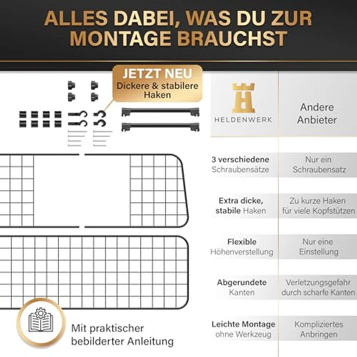HELDENWERK Universal Kofferraum Trenngitter für Hunde, stufenlos verstellbares Schutzgitter mit Kopfstützen-Befestigung, platzsparendes Design für Kombis, SUVs und Vans – Bild 3