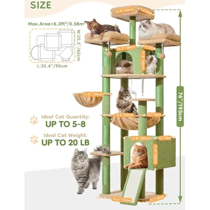 Taoqimiao 193cm Kratzbaum XXL, Multi-Level Katzenbaum für große Katzen mit 3 Plattformen und Sisal-Kratzpfosten, MS047T – Bild 2