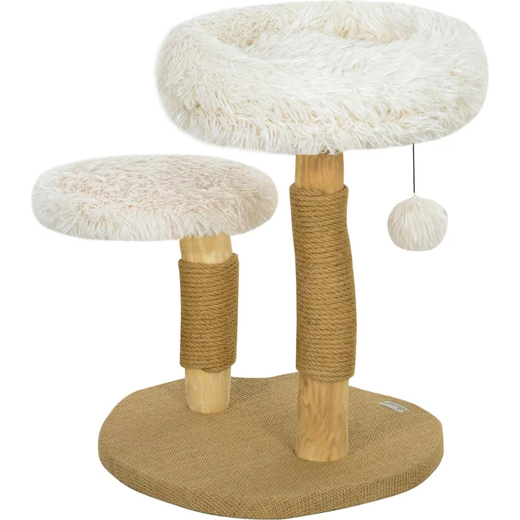 JTI GmbH Kratzbaum 61,5 cm hoch, Katzenkratzbaum aus Birnbaumholz mit Spielball und kuscheligen Betten, Weiß, für Katzen bis 5 kg