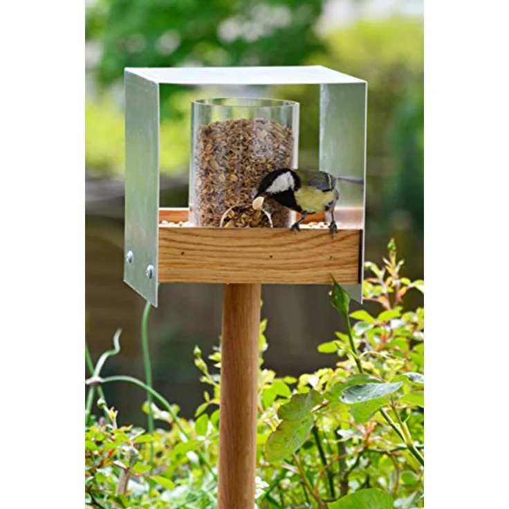 Hochwertiges Design-Vogelhaus ''Industrie-Bauhaus'' mit Futtersilo, Wildvogel-Futterstation inkl. Ständer, 15 x 16 x 16 cm, Eiche – Bild 6