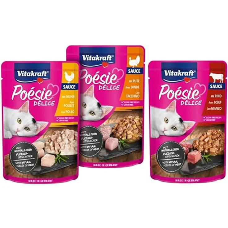 Vitakraft Poésie Délice, Meat Selection, Nassfutter für Katzen in Sauce, mit Huhn, Pute und Rind, 6 x 85g – Bild 4
