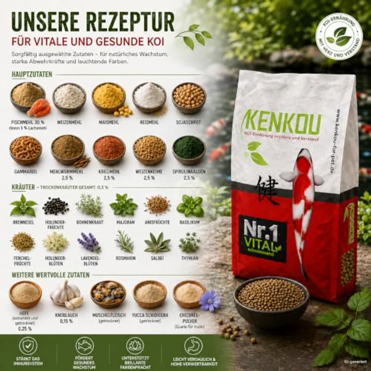KENKOU Nr. 1 Vital, 5 kg schwimmendes Koifutter für Teichfische, 5 mm Pellets, Ganzjahresfutter mit 30% Fischmehl und Spirulina – Bild 5