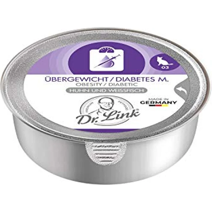 Dr. Link VET PETCARE Spezial-Diät Katzenfutter für Katzen & Kater, kalorien- und fettreduziert, Huhn & Weißfisch Protein, 12x85g Schale – Bild 2