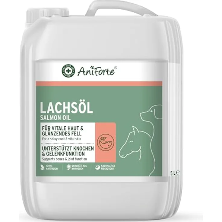 AniForte Lachsöl 5l, 100% reines Lachsöl für Hunde, Katzen und Pferde, unterstützt Haut- und Fellgesundheit mit Omega-3-Fettsäuren