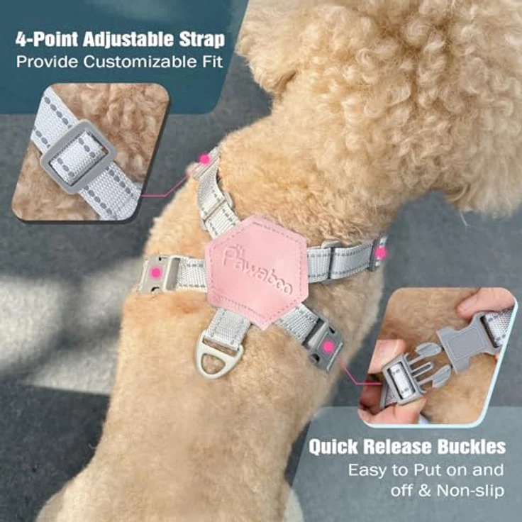 Pawaboo X-Rahmen Hundegeschirr mit Leine, verstellbares Anti-Zug und Anti-Erstickungs Brustgeschirr für kleine & mittelgroße Hunde, M, Rosa Gänseblume – Bild 4