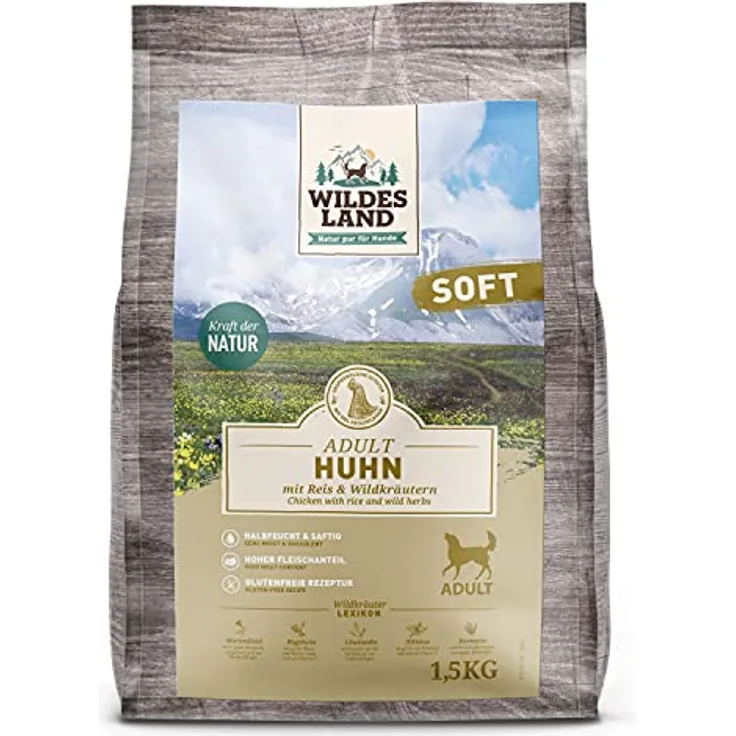 WILDES LAND Halbfeuchtes Trockenfutter für Hunde - Huhn - 1,5 kg - Glutenfrei - Hoher Fleischanteil - Mit Reis und Wildkräutern - Beste Akzeptanz - Für alle Hunderassen
