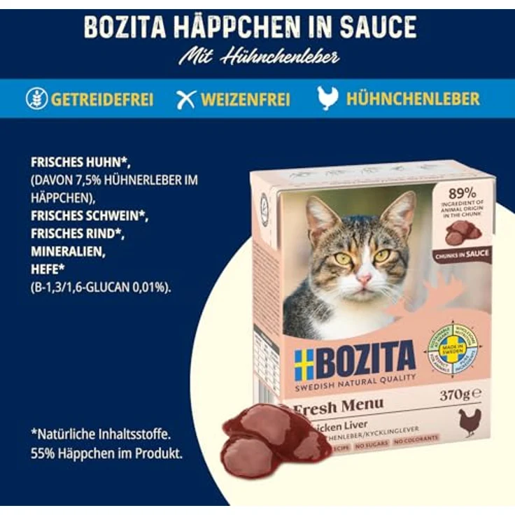 Bozita Tetra Häppchen in Sauce mit Hühnchenleber, 6x370g getreidefreies Nassfutter für Katzen, 7,5% Protein & 5% Fettgehalt, gentechnikfrei, hochwertig & schmackhaft – Bild 3
