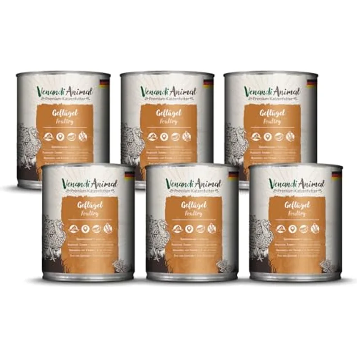 Venandi Premium Nassfutter für Katzen - Geflügel, 6 x 800g, getreidefrei mit hohem Fleischanteil