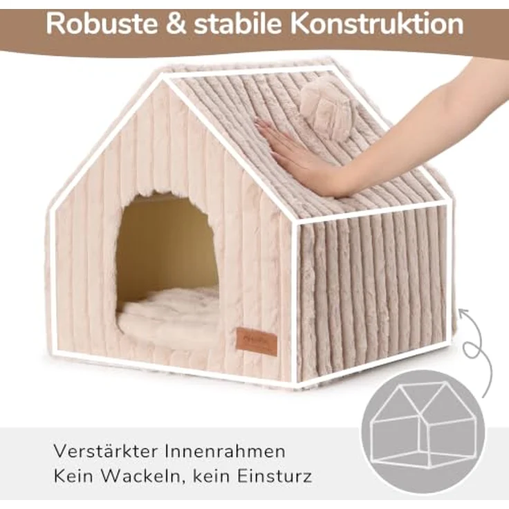 FUKUMARU Katzenhaus, waschbare Katzenhöhle aus Kunstkaninchenfell in Grottenform mit herausnehmbarem Kissen, 44,5 cm, rosa-grau – Bild 2