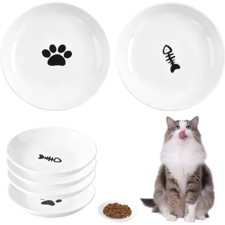 unbholkk Katzennapf Set, 4 Stück Keramische Futternäpfe, Whiskerfreundliches Flachdesign, Weiß, Ideal für Katzen und Kleintiere