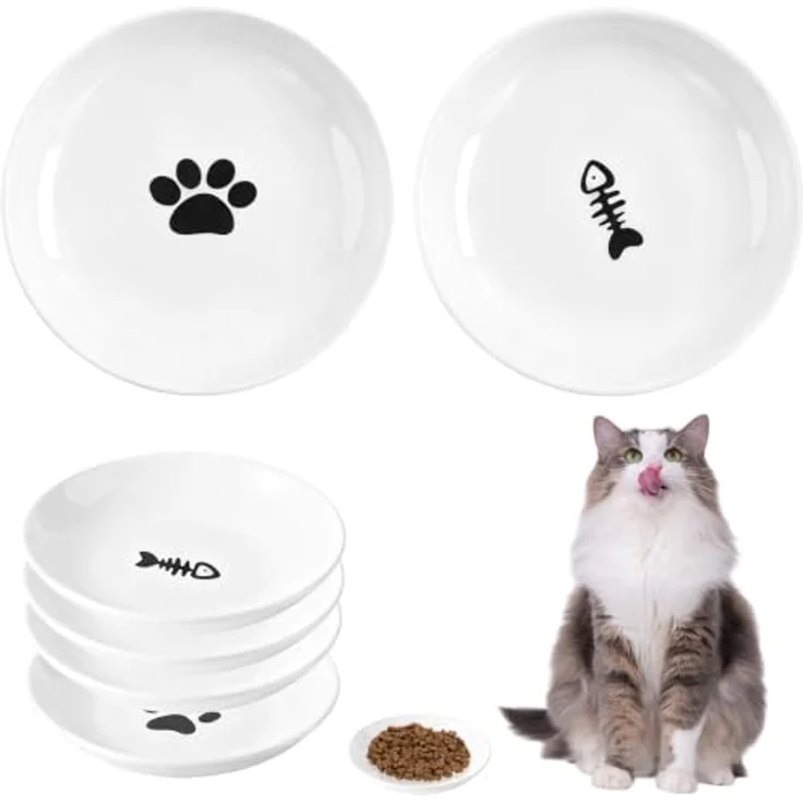 unbholkk Katzennapf Set, 4 Stück Keramische Futternäpfe, Whiskerfreundliches Flachdesign, Weiß, Ideal für Katzen und Kleintiere – Bild 1
