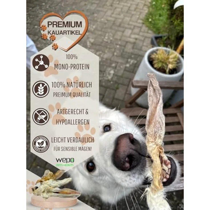 EKNA WEPO Kaninchenohren mit Fell für Hunde, 1kg getrocknete Natur-Snacks, artgerechte Kausnacks ohne Zusätze, für alle Hundegrößen – Bild 2