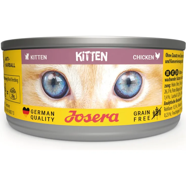 Josera Kitten Nassfutter Chicken, 12x85g, getreidefrei für gesundes Wachstum mit Lachsöl