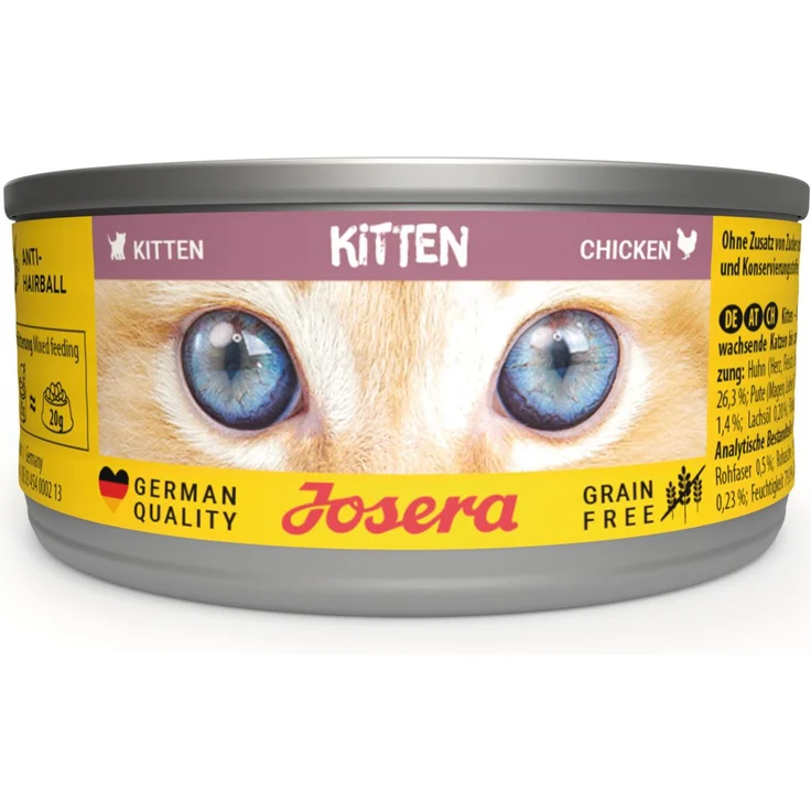 Josera Kitten Nassfutter Chicken, 12x85g, getreidefrei für gesundes Wachstum mit Lachsöl
