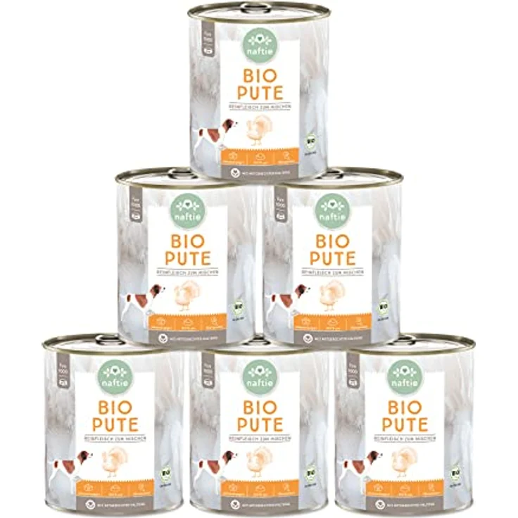 naftie Bio Hundefutter 100% Bio-Pute Reinfleisch Nassfutter, glutenfrei und getreidefrei, Sparpaket 6x800g Dosen – Bild 1