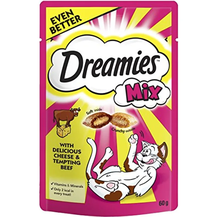 Dreamies Katzensnacks Mix Pack - Sparpaket Käse und Rind, 6 x 60 g, kalorienarm mit Vitaminen und Mineralstoffen