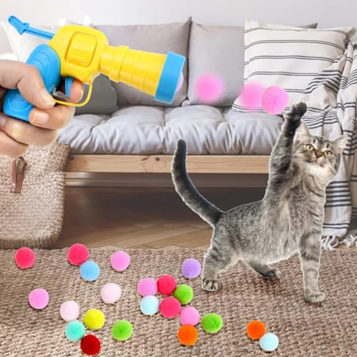 QWORK® Interaktives Katzenspielset, Katzenspielballwerfer mit 100 bunten Pompons, für Indoor-Training und natürliche Jagdinstinkte – Bild 2