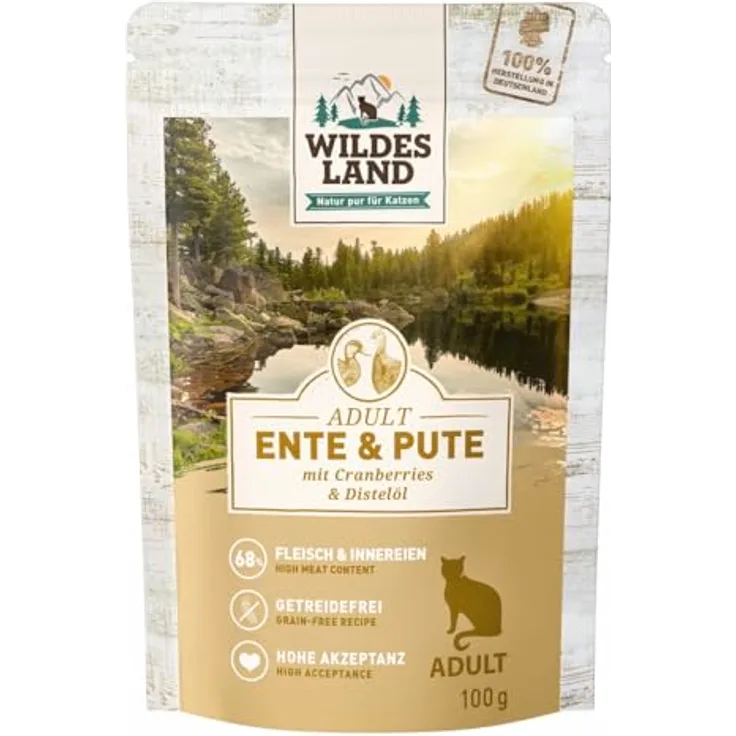 WILDES LAND Nassfutter für Katzen, Ente und Truthahn mit Blaubeeren, 12 x 100 g