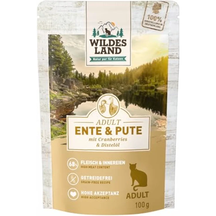 WILDES LAND Nassfutter für Katzen, Ente und Truthahn mit Blaubeeren, 12 x 100 g