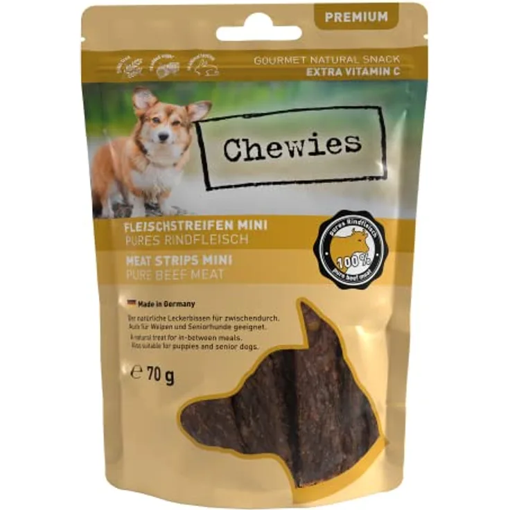 Chewies Fleischstreifen MINI Hundeleckerli aus 100 % Rindfleisch, 70 g, luftgetrocknete Rinder Kaustreifen, hypoallergen & getreidefrei, Snack für kleine Hunde