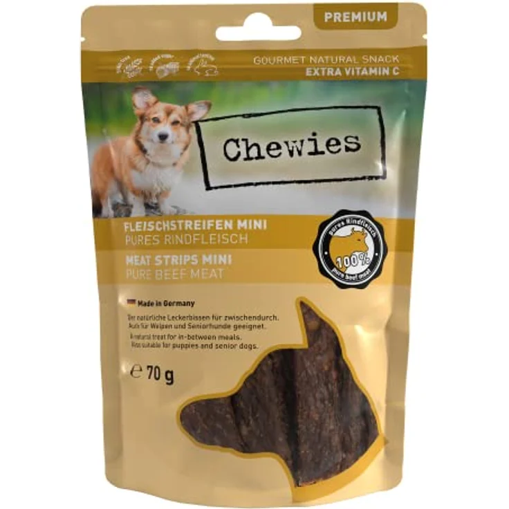 Chewies Fleischstreifen MINI Hundeleckerli aus 100 % Rindfleisch, 70 g, luftgetrocknete Rinder Kaustreifen, hypoallergen & getreidefrei, Snack für kleine Hunde – Bild 1