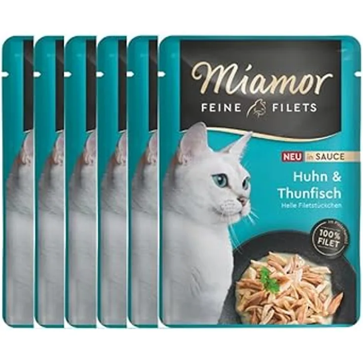 Miamor Feine Filets in Sauce, Huhn & Thunfisch, getreide- und zuckerfrei, 6 x 100g Frischebeutel