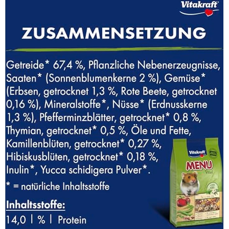 Vitakraft Menu Vital, Hamsterfutter mit Gemüse und Nüssen, enthält lebenswichtige Vitamine und Mineralien, 1kg, ohne Zuckerzusatz – Bild 3