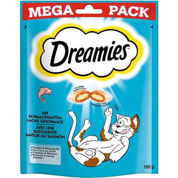 Dreamies Portionsbeutel mit Lachs, Katzensnack mit zweifacher Textur, 1 x 180g, ohne künstliche Aromastoffe